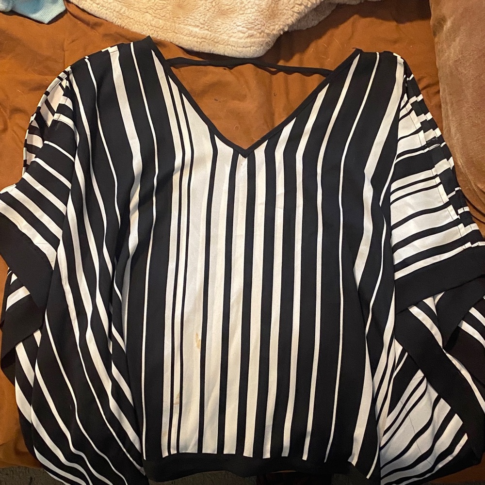 BCX Black and White Striped V-Neck Blouse